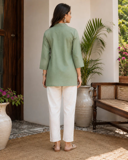 Embroidered V-Neck Three-Quarter Sleeve Cotton Kurti