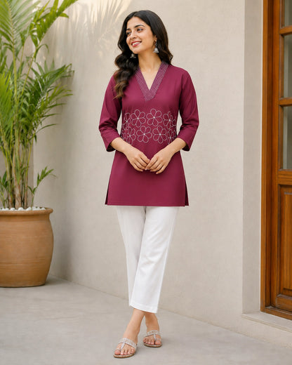 Embroidered V-Neck Three-Quarter Sleeve Cotton Kurti