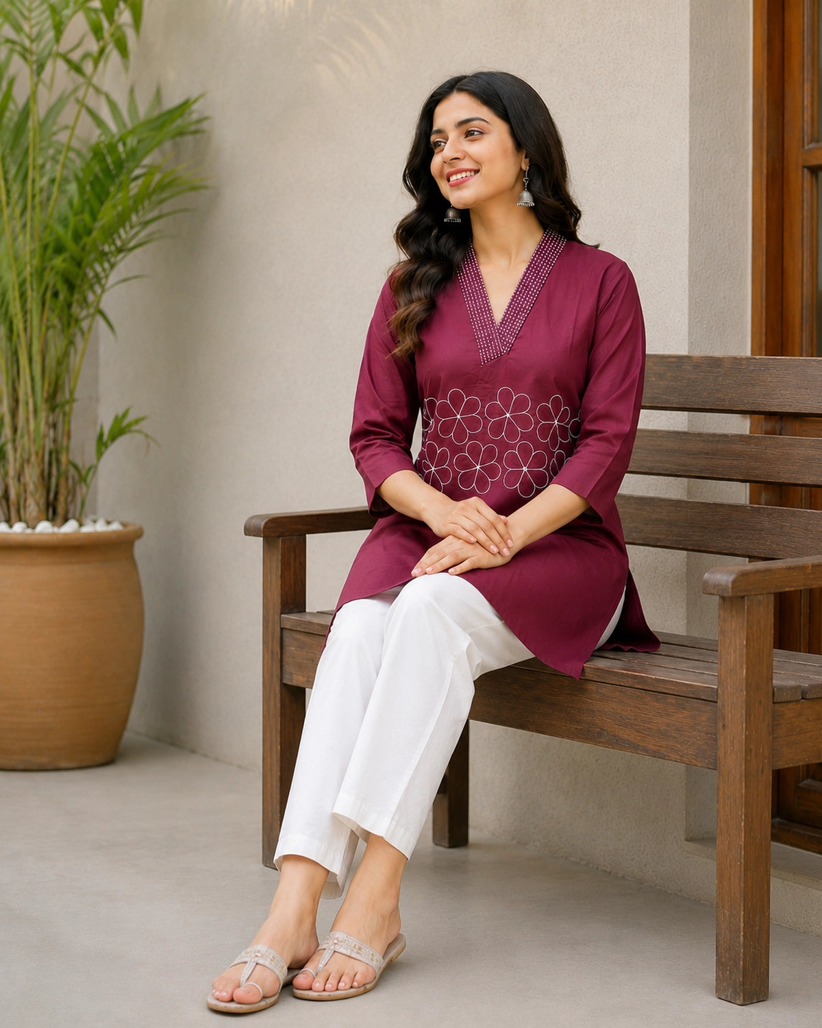 Embroidered V-Neck Three-Quarter Sleeve Cotton Kurti