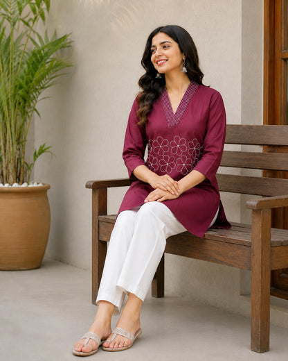 Embroidered V-Neck Three-Quarter Sleeve Cotton Kurti