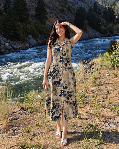 Floral Print Sleeveless Collared Rayon Midi Dress for Vacation