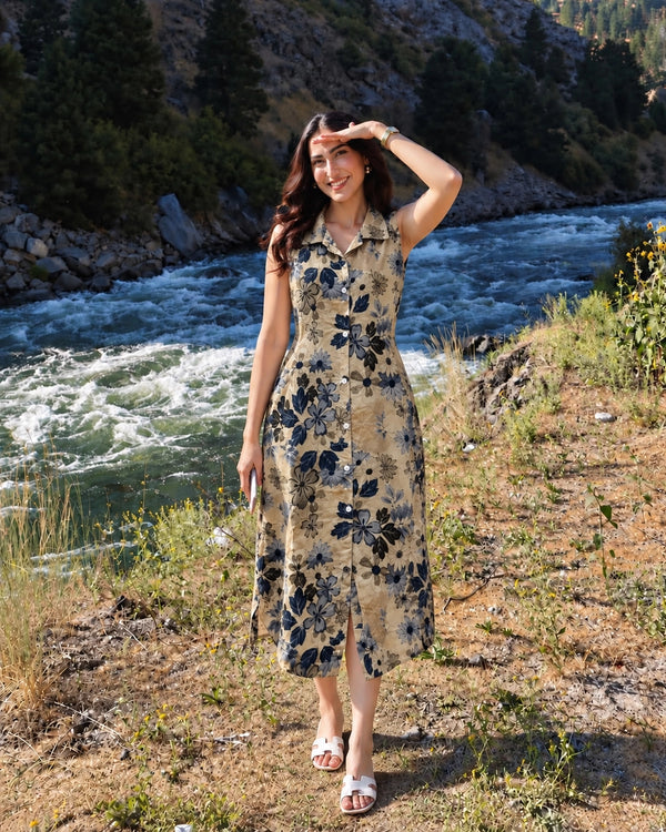 Blooming Floral Sleeveless Collared Rayon Midi Dress — image 3