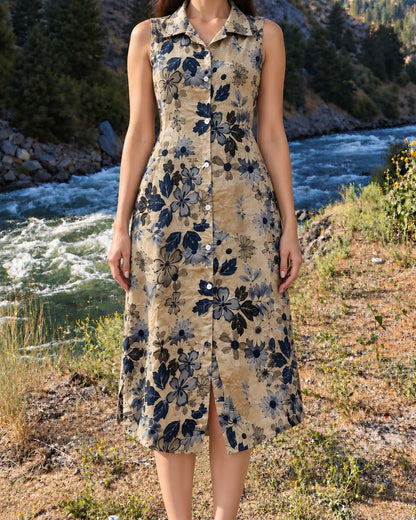 Floral Print Sleeveless Collared Rayon Midi Dress for Vacation