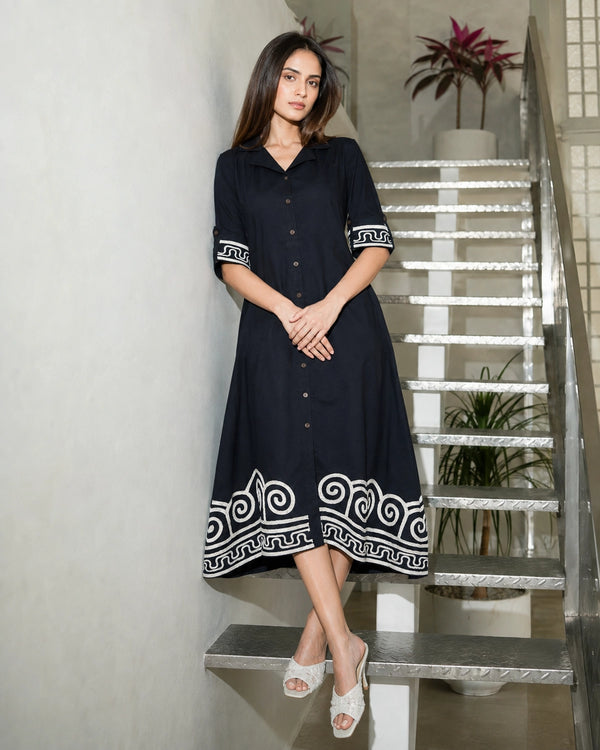 Spiral Border Print Collared Cotton Midi Shirt Dress — image 2