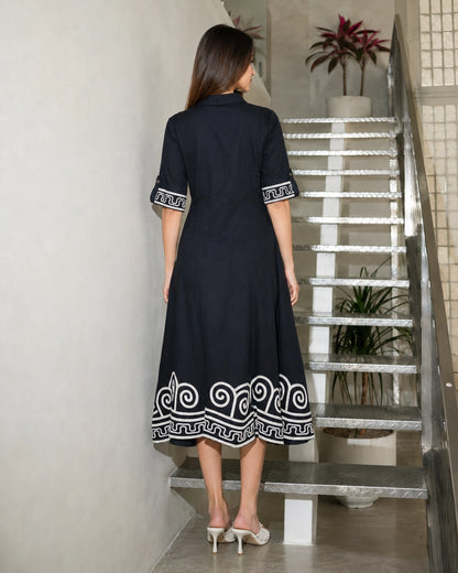 Spiral Border Print Collared Cotton Midi Shirt Dress
