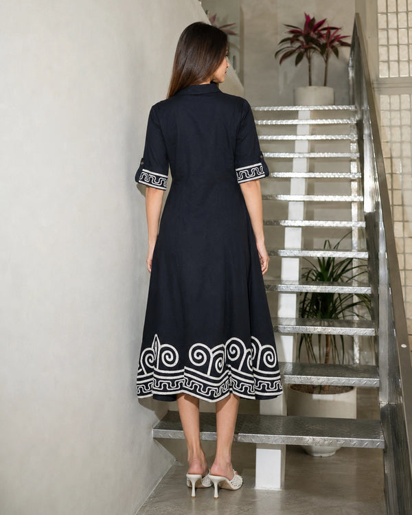 Spiral Border Print Collared Cotton Midi Shirt Dress — image 4