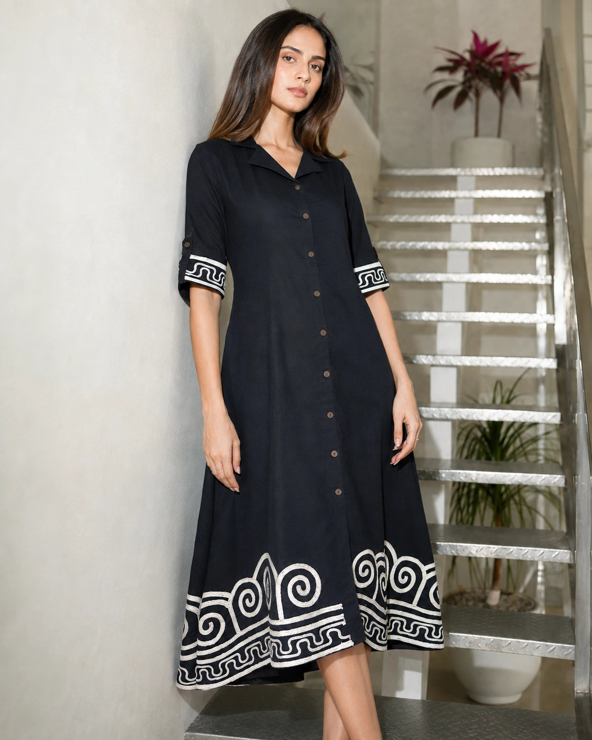 Spiral Border Print Collared Cotton Midi Shirt Dress
