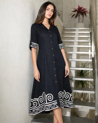 Spiral Border Print Collared Cotton Midi Shirt Dress