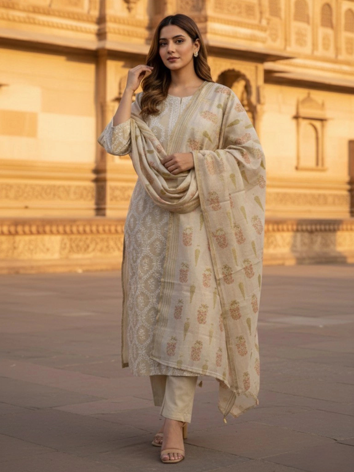 Beige & Cream Printed Cotton Kurta Set with Floral Dupatta