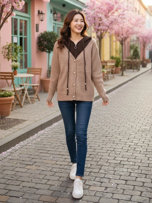 Beige and Brown Contrast Hooded Cardigan Top
