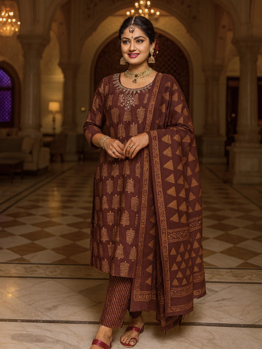 Brown Printed Kurta Pant Dupatta Set