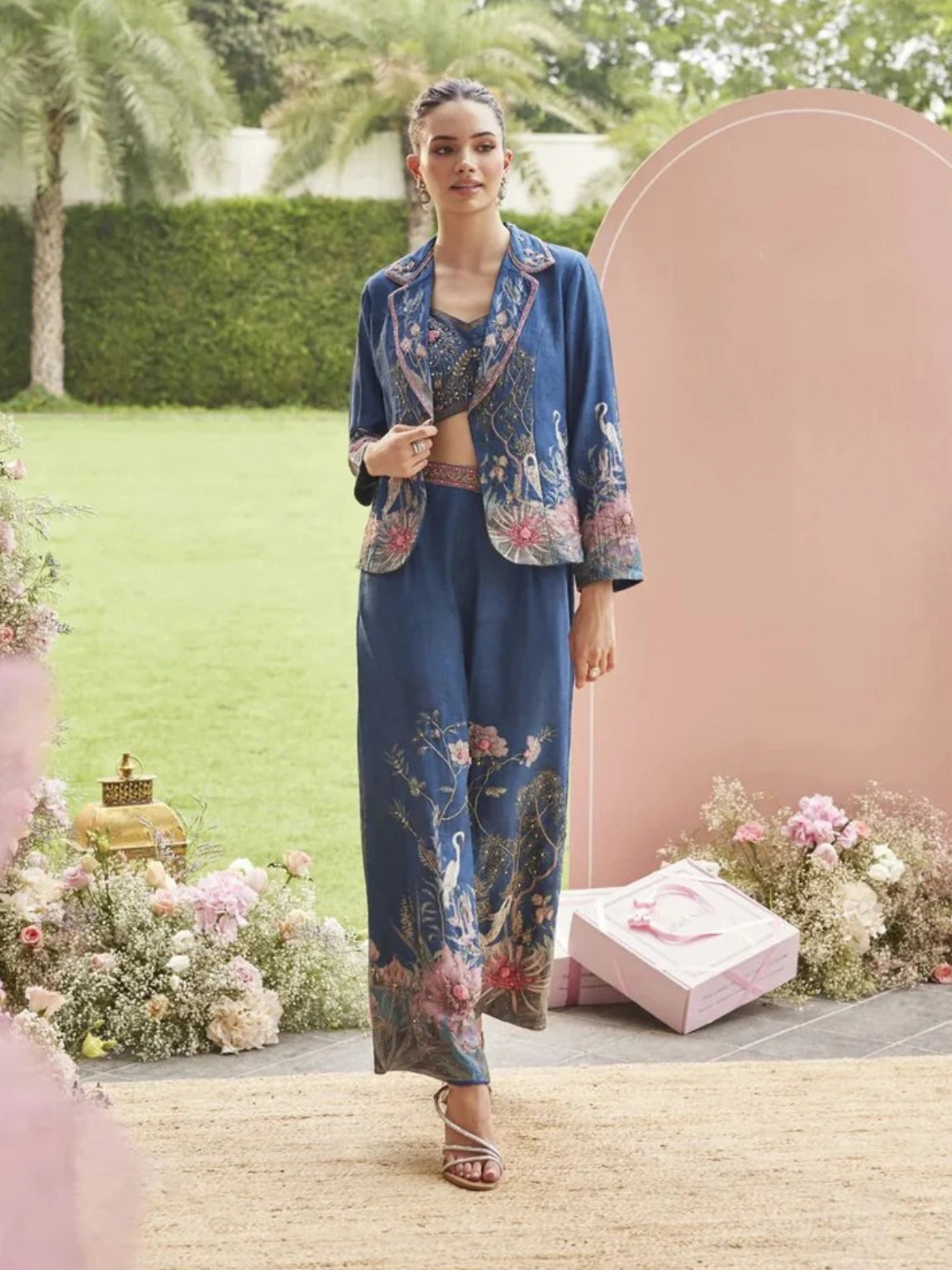 Indigo Embroidered Blazer, Bralette, and Palazzo Set