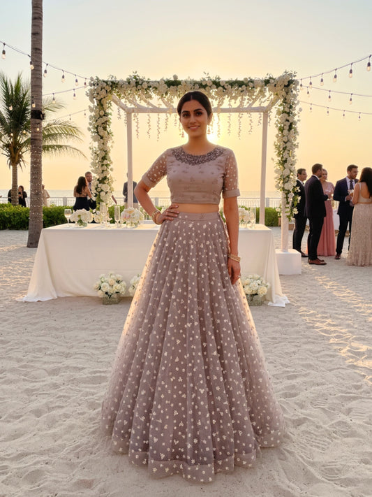 Mauve Floral Embroidered Crop Top Lehenga Set