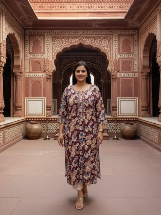 Maroon Floral Printed Kurta with Embroidered Neckline