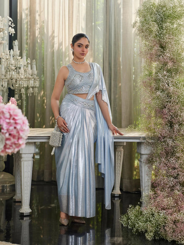 Ice Blue Pre-Draped Sequin Saree Set — image 1