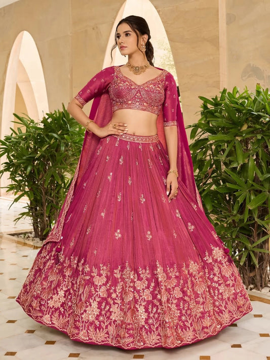 Fuchsia Embroidered Shimmer Lehenga Choli with Dupatta