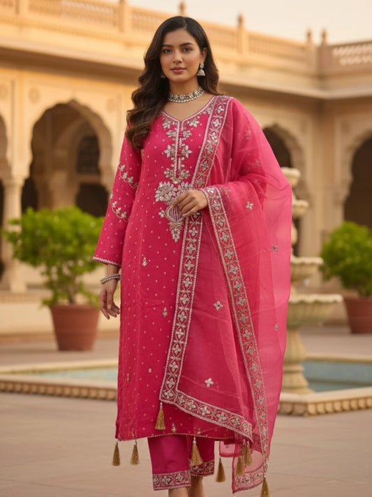 Hot Pink Embroidered Straight-Cut Suit with Detailed Dupatta