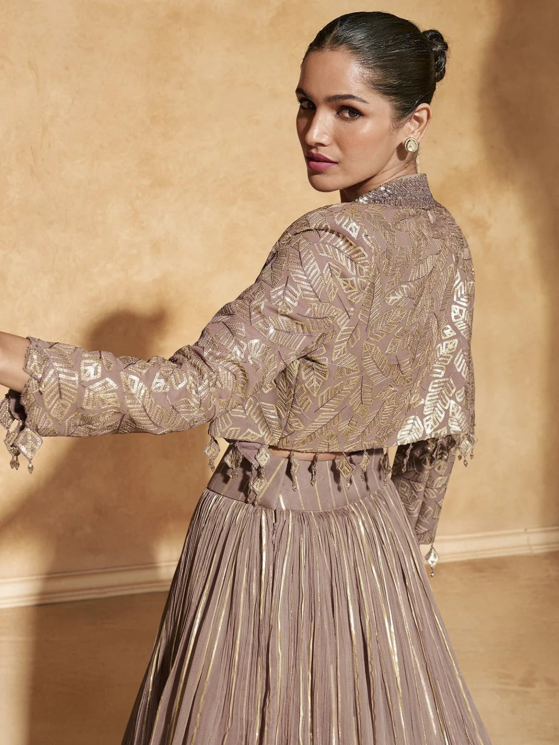 Taupe & Gold Embellished Jacket Skirt Set