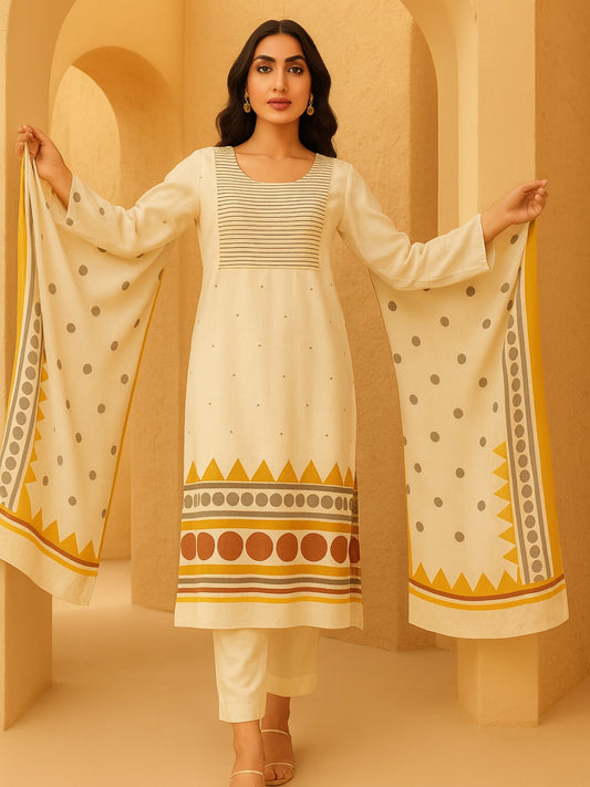 Off-White Printed Kurta Set with Dupatta