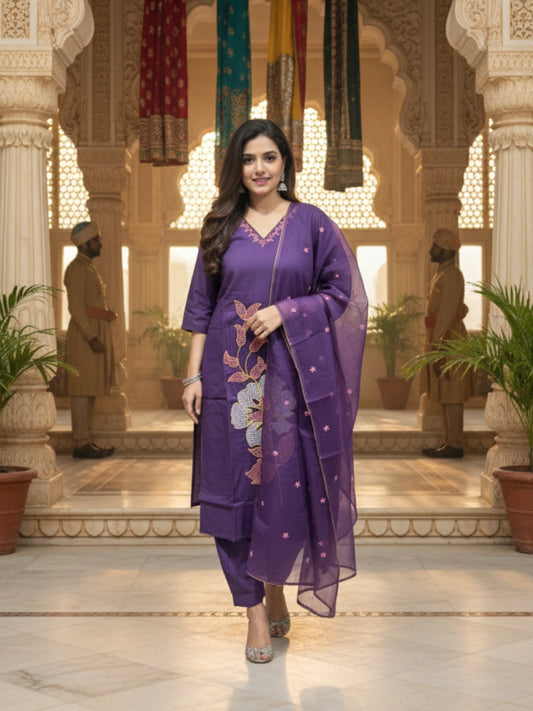 Vibrant Purple Floral Embroidered Kurta Set with Dupatta
