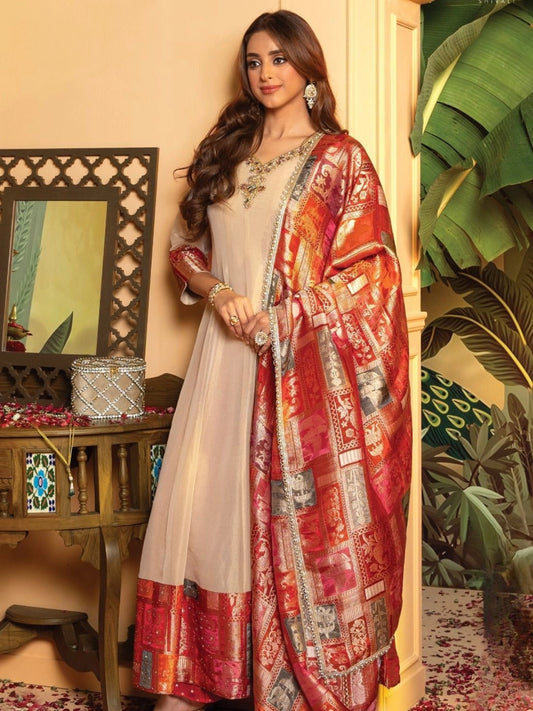 Beige Anarkali Gown with Multi-Color Brocade Dupatta