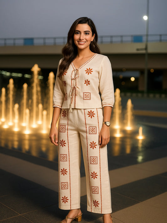 Beige Embroidered Co-ord Set