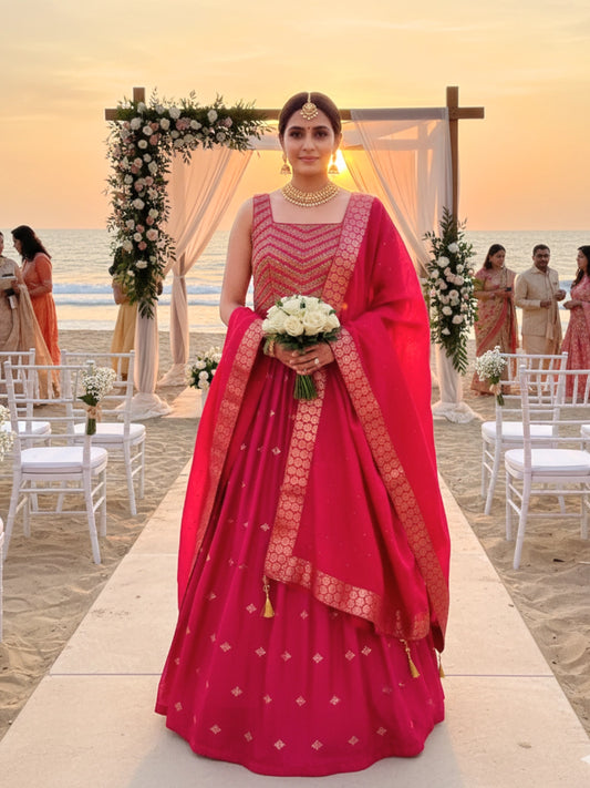 Hot Pink Banarasi Style Lehenga Set