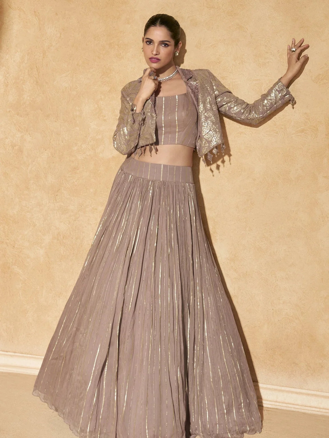 Taupe & Gold Embellished Jacket Skirt Set