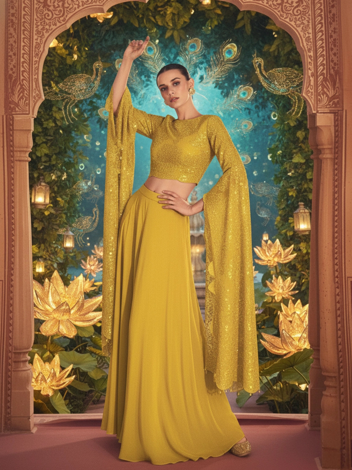 Mustard Yellow Sequin Crop Top and Flared Skirt Set