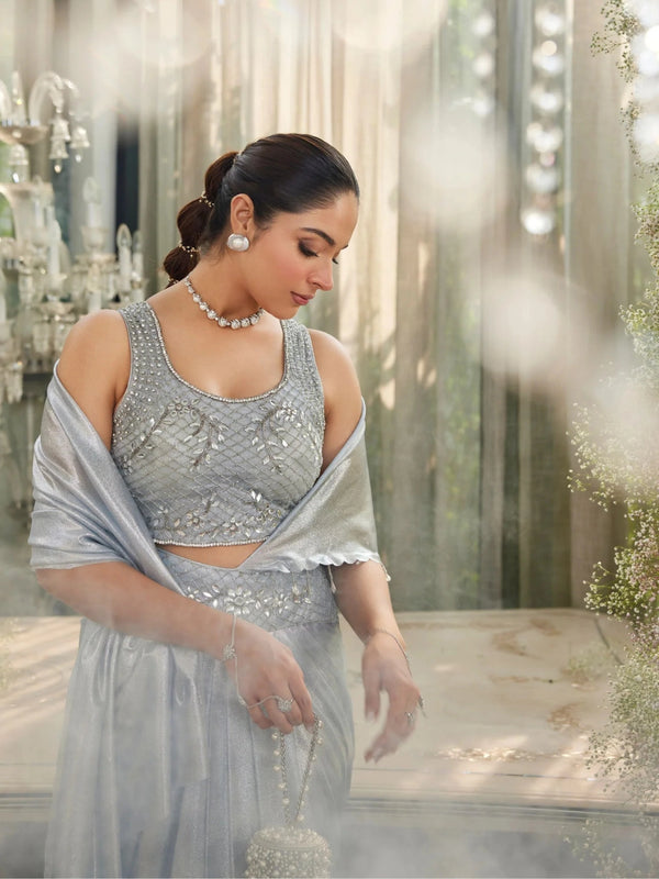 Ice Blue Pre-Draped Sequin Saree Set — image 2
