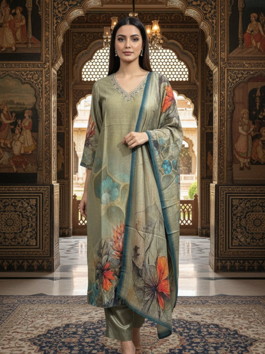 Olive Green Digital Print Kurta Set with Detailed Dupatta