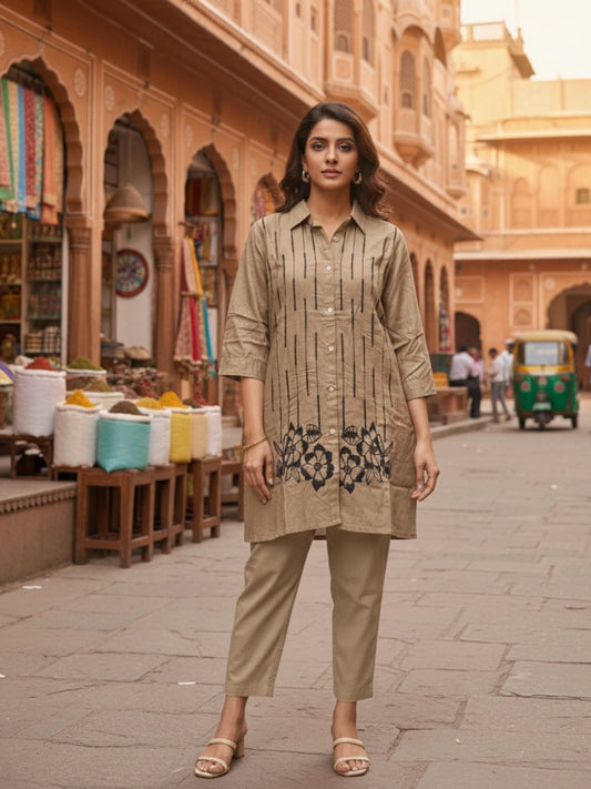 Beige Embroidered Tunic and Trouser Set
