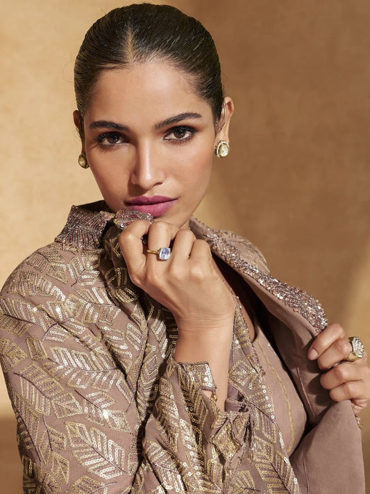 Taupe & Gold Embellished Jacket Skirt Set