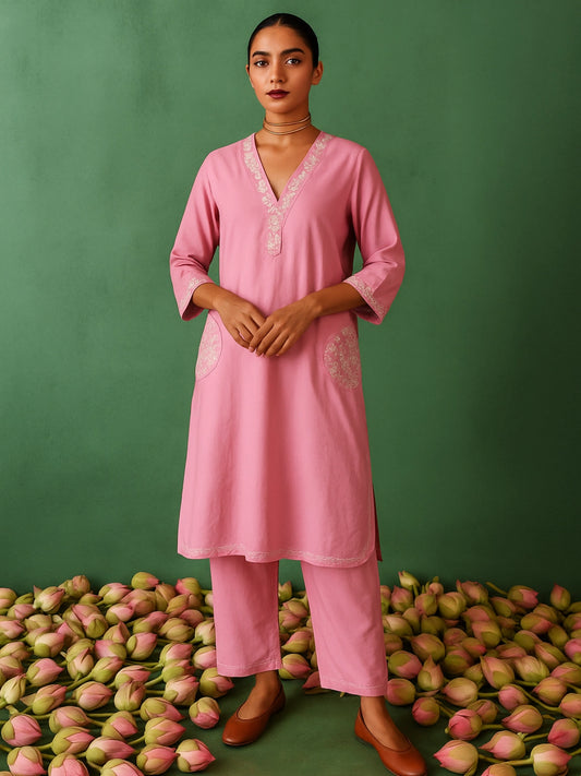 Pink Embroidered Kurta Pant Set