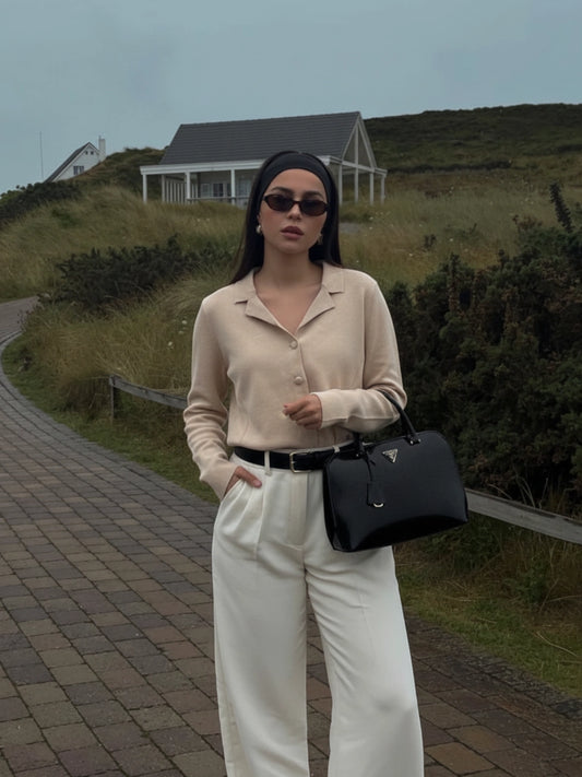 Beige Woolen Knit Polo Coat