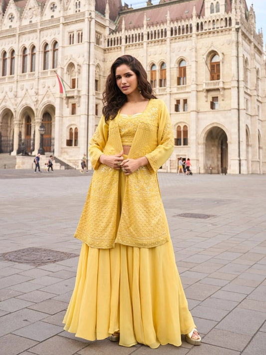 Sunny Yellow Embroidered Jacket with Crop Top and Skirt Set