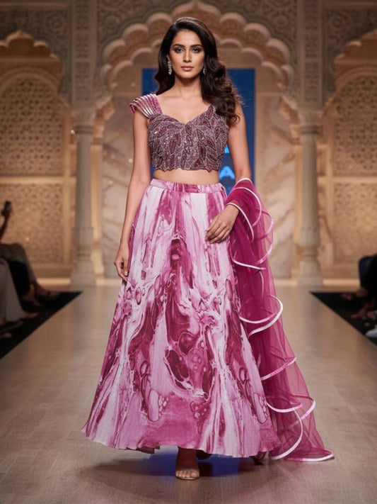 Fuschia and Mauve Printed Lehenga Set with Embellished Crop Top