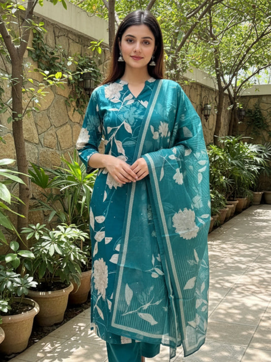 Teal Blue Floral Printed Kurta and Trouser Set