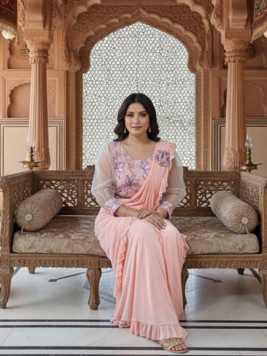 Peach Ruffled Ready-to-Wear Saree with Floral Embroidered Blouse