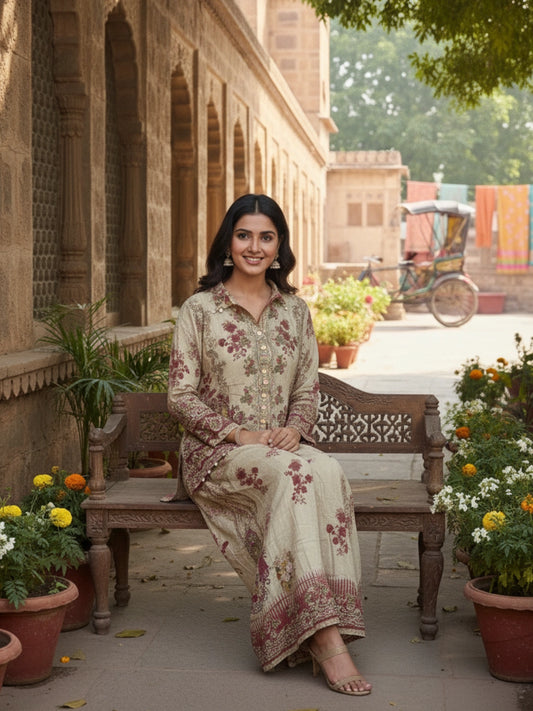 Beige Floral Printed Kurta Co-ord Set