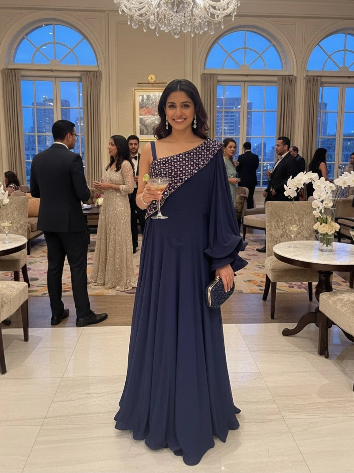 Navy Blue One-Shoulder Embellished Evening Gown