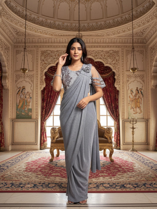 Light Grey Crushed Ready-to-Wear Saree with Embroidered Sleeve Blouse