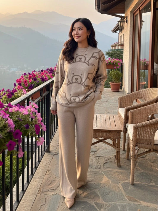 Beige Bear Print Woolen Knit Co-ord Set