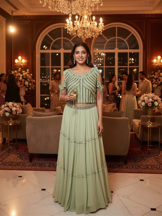 Mint Green Embellished Crop Top and Tiered Skirt Set