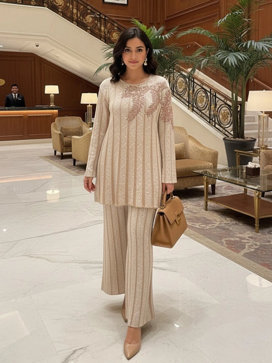 Beige and Peach Embroidered Woolen Co-ord Set