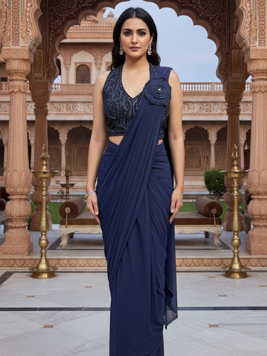 Midnight Blue Ready-to-Wear Saree with Sequined Halter Blouse & 3D Floral Detail