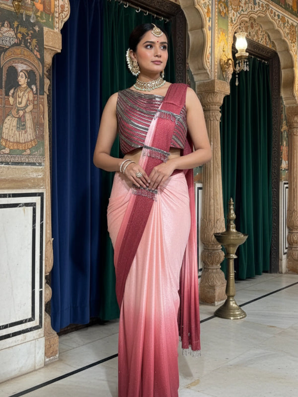Pink & Maroon Ombre Ready-to-Wear Shimmer Saree with Embellished Blouse