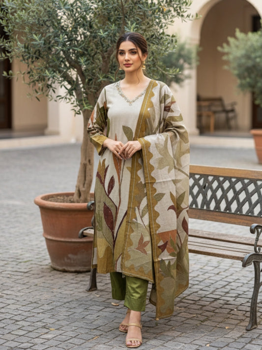 Khaki & Cream Botanical Print Three-Piece Suit