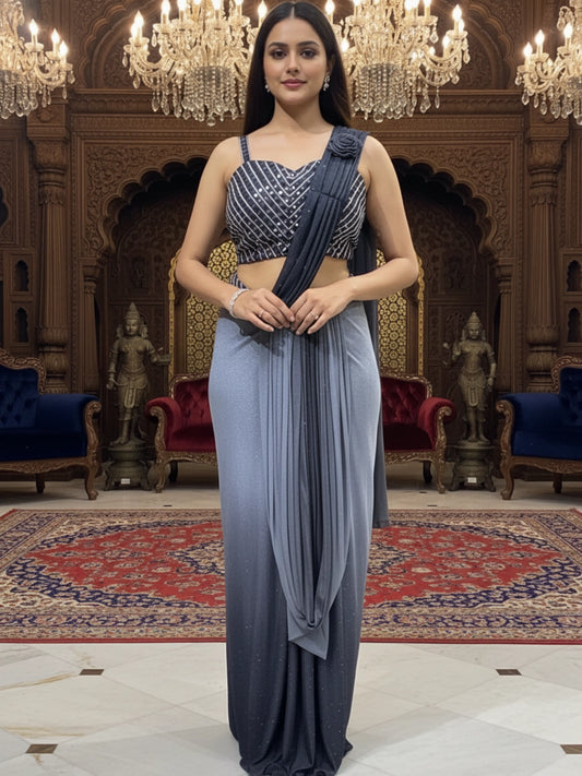 Grey Ombre Shimmer Ready-to-Wear Saree with Sequined Stripe Blouse