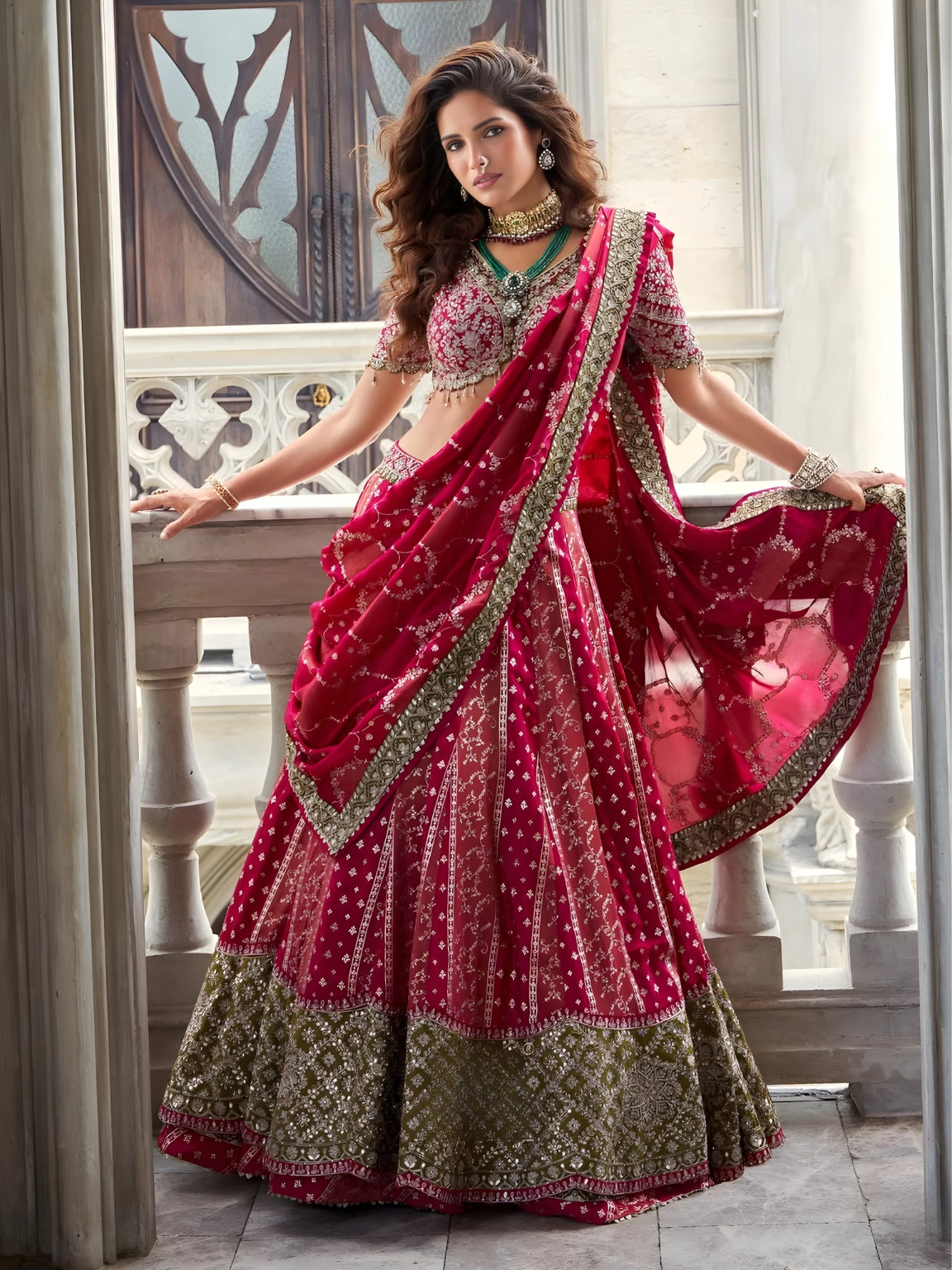 Rose Pink & Olive Hand-Embroidered Lehenga Set